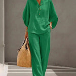 Summer Casual Print Linen Blend Blouse Pants Set