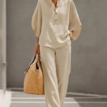 Summer Casual Print Linen Blend Blouse Pants Set