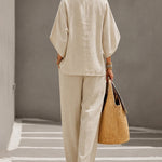 Summer Casual Print Linen Blend Blouse Pants Set