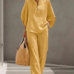 Summer Casual Print Linen Blend Blouse Pants Set