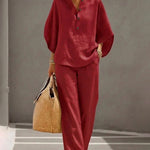 Summer Casual Print Linen Blend Blouse Pants Set