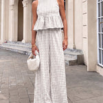 French Style Plaid Ruffled Hem Top and Pants Set