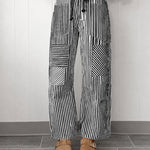 Casual 100% Cotton Elastic Waist Patchwork Striped Pants