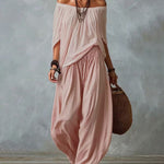Boho Off Shoulder Blouse and Wide Leg Pants Set