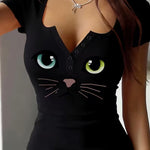 Cute Cat Printed Henley Collar High Stretch T-shirt
