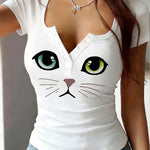 Cute Cat Printed Henley Collar High Stretch T-shirt