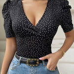Smart Casual V-neck Puff Sleeves Blouse