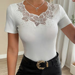 Elegant Rhinestone Accent Lace V-Neck Fitted Top
