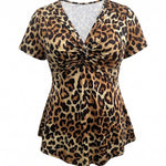 Retro Leopard Printed Deep V-neck Stretchy Short Sleeve Blouse