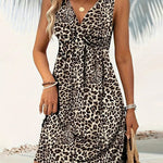 Stylish Leopard Printed Deep V-neck Sleeveless Mini Dress