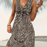Stylish Leopard Printed Deep V-neck Sleeveless Mini Dress