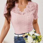 Scalloped Lace V Neck Short Sleeve Eyelet Top