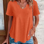 Casual Cotton-Blend Shell Trim V-Neck Eyelet Blouse