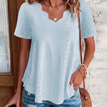 Casual Cotton-Blend Shell Trim V-Neck Eyelet Blouse