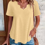 Casual Cotton-Blend Shell Trim V-Neck Eyelet Blouse