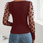 Elegant Polka Dot Mesh Sleeve Knit Fitted Top