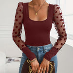 Elegant Polka Dot Mesh Sleeve Knit Fitted Top