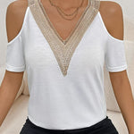 Cold Shoulder Lace V Neck Short Sleeve Top