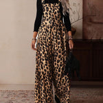 Leopard Print Square Neck Wide Leg Overall Jumpsuit