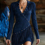 Modern Retro Style Faux Suede Tassel Dress