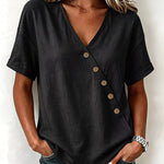 Casual Comfort Asymmetrical Button Short Sleeve Blouse