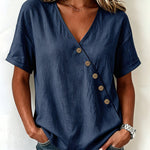 Casual Comfort Asymmetrical Button Short Sleeve Blouse