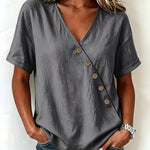 Casual Comfort Asymmetrical Button Short Sleeve Blouse