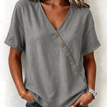 Casual Comfort Asymmetrical Button Short Sleeve Blouse