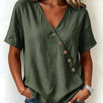Casual Comfort Asymmetrical Button Short Sleeve Blouse