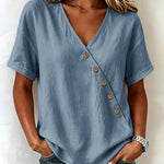 Casual Comfort Asymmetrical Button Short Sleeve Blouse