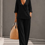 Minimalist Slanted Button Top and Wide Leg Pants Set