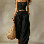 Boho Style Smocked Crop Top and Lantern Pants Set
