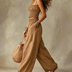 Boho Style Smocked Crop Top and Lantern Pants Set