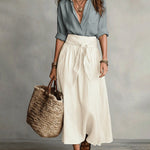 Elegant Button-Up Shirt and High-Waist Tie Maxi Skirt Set