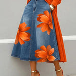 Artistic Floral Print A-Line Denim Skirt