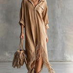 Casual Comfy Asymmetrical Tassel Hem Shirt Dress