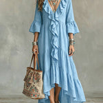 Flowy Vacation Deep V-neck Ruffled Dress