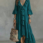 Flowy Vacation Deep V-neck Ruffled Dress