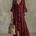 Flowy Vacation Deep V-neck Ruffled Dress