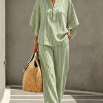Summer Casual Print Linen Blend Blouse Pants Set