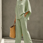 Summer Casual Print Linen Blend Blouse Pants Set