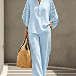 Summer Casual Print Linen Blend Blouse Pants Set