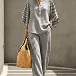 Summer Casual Print Linen Blend Blouse Pants Set
