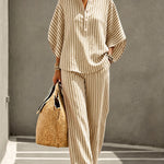 Summer Casual Print Linen Blend Blouse Pants Set