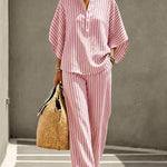 Summer Casual Print Linen Blend Blouse Pants Set
