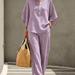Summer Casual Print Linen Blend Blouse Pants Set