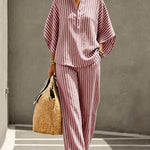 Summer Casual Print Linen Blend Blouse Pants Set