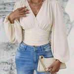 Elegant Ruched Cinching Waist Puff Sleeves Blouse