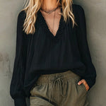 Casual Ruffled V-Neck Puff Sleeve Textured Blouse