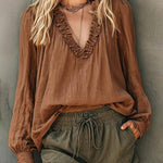Casual Ruffled V-Neck Puff Sleeve Textured Blouse